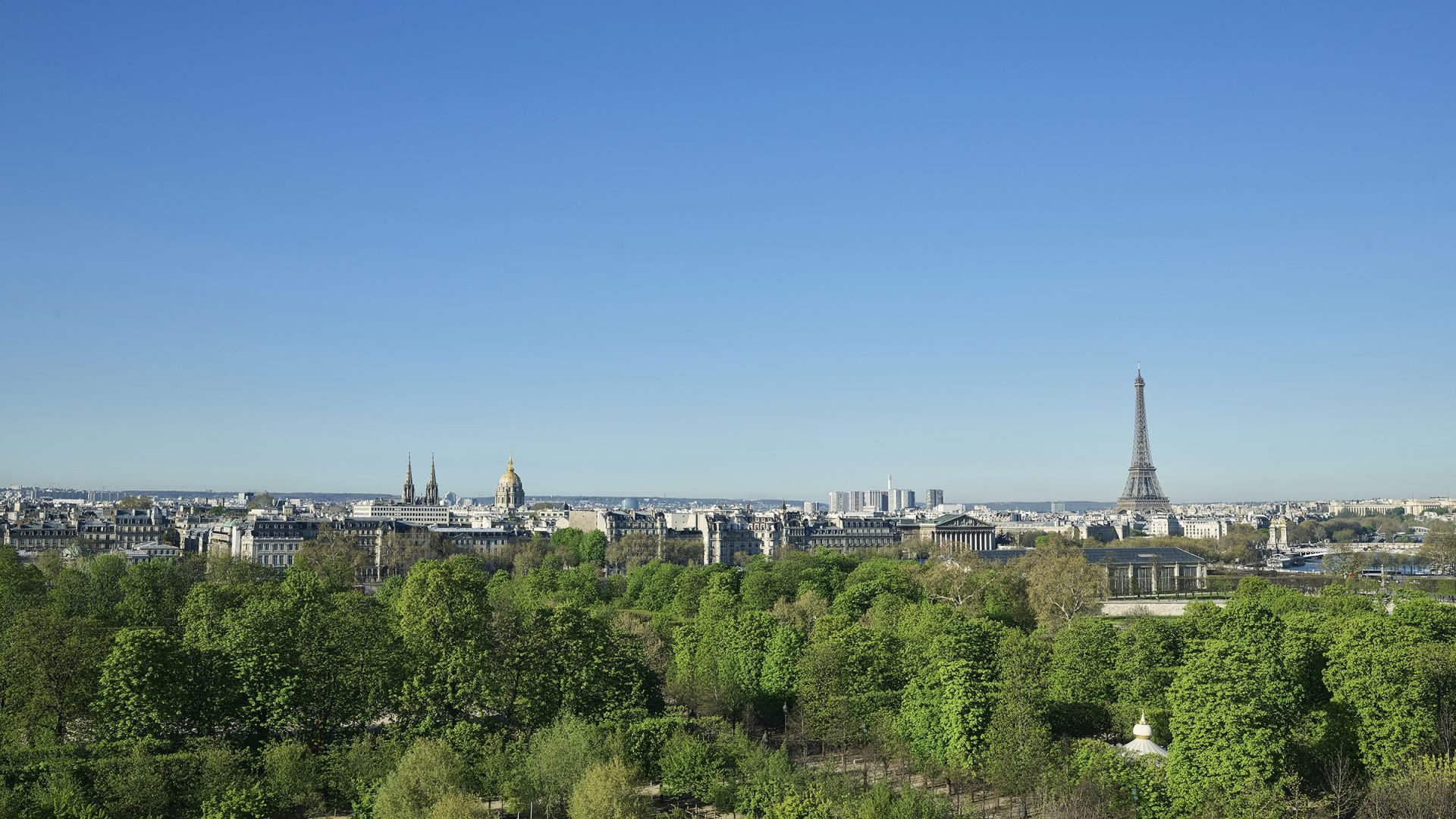 照片山在埃菲尔铁塔和树边，priisisle balcon de la Chambre Exécutive se sitant au sein de l'hôtel le Meurice， à巴黎。