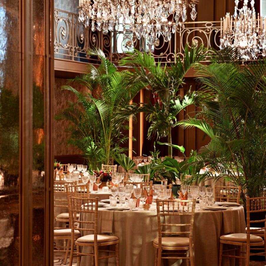 晚餐是在Le Salon高级定制餐厅(Hôtel Plaza Athénée, Paris - Dorchester Collection)拍摄的圆桌和棕榈树。bob手机网页版官网